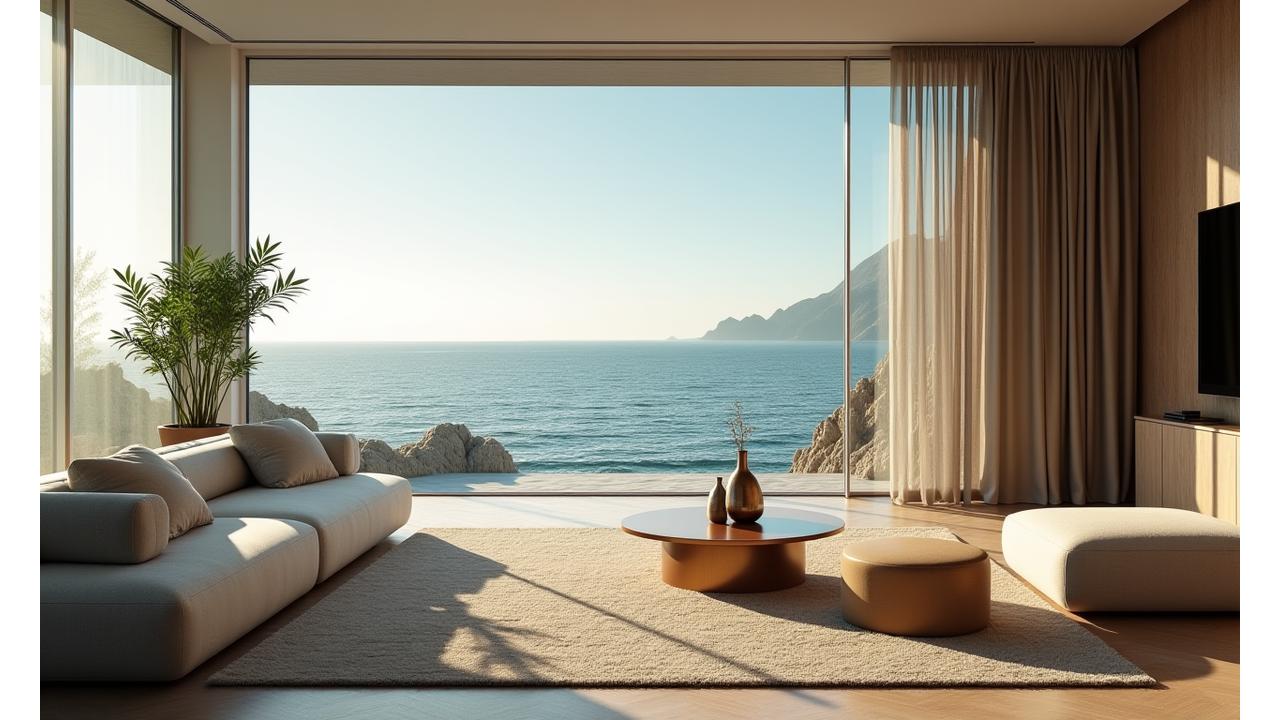 穏やかな海岸線と光が差し込むモダンなリビングルームにあるアバロンホームの家具